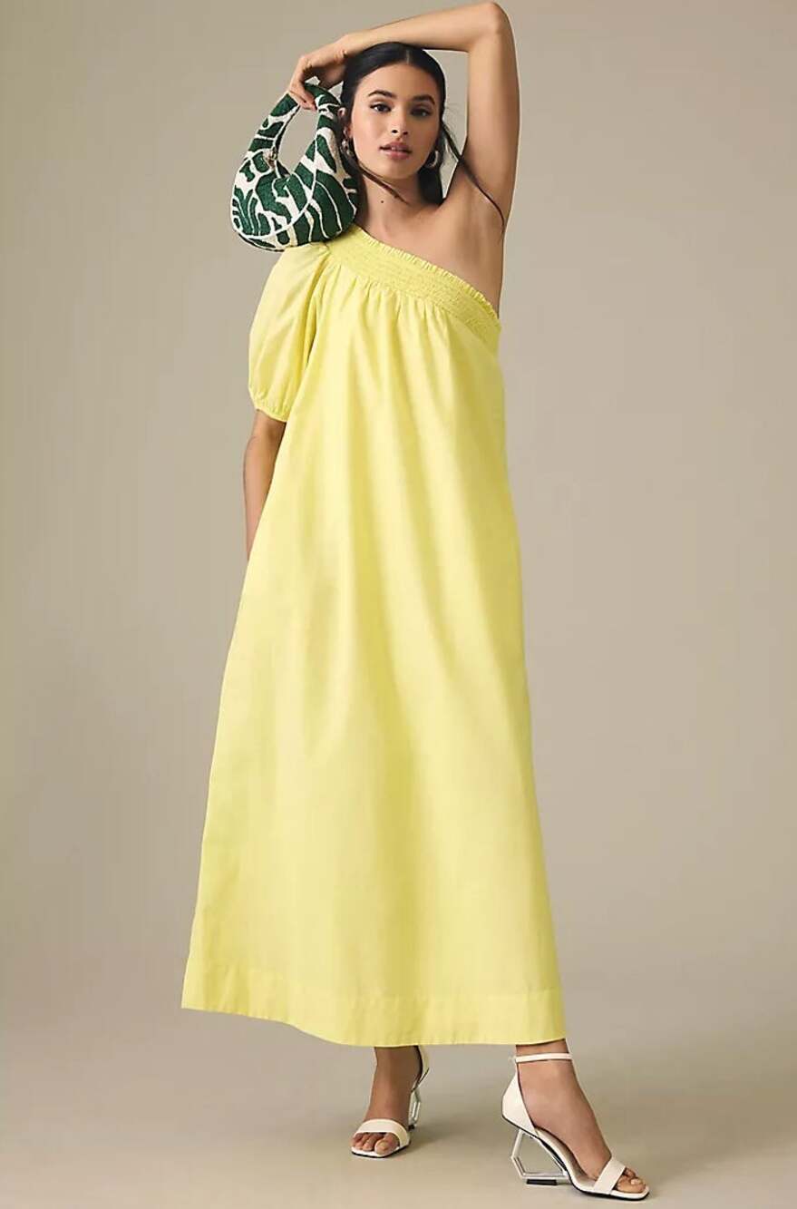 ANTHROPOLOGIE x MAEVE One-Shoulder Embroidered Maxi Dress Yellow Sz L $168 {QQ1}